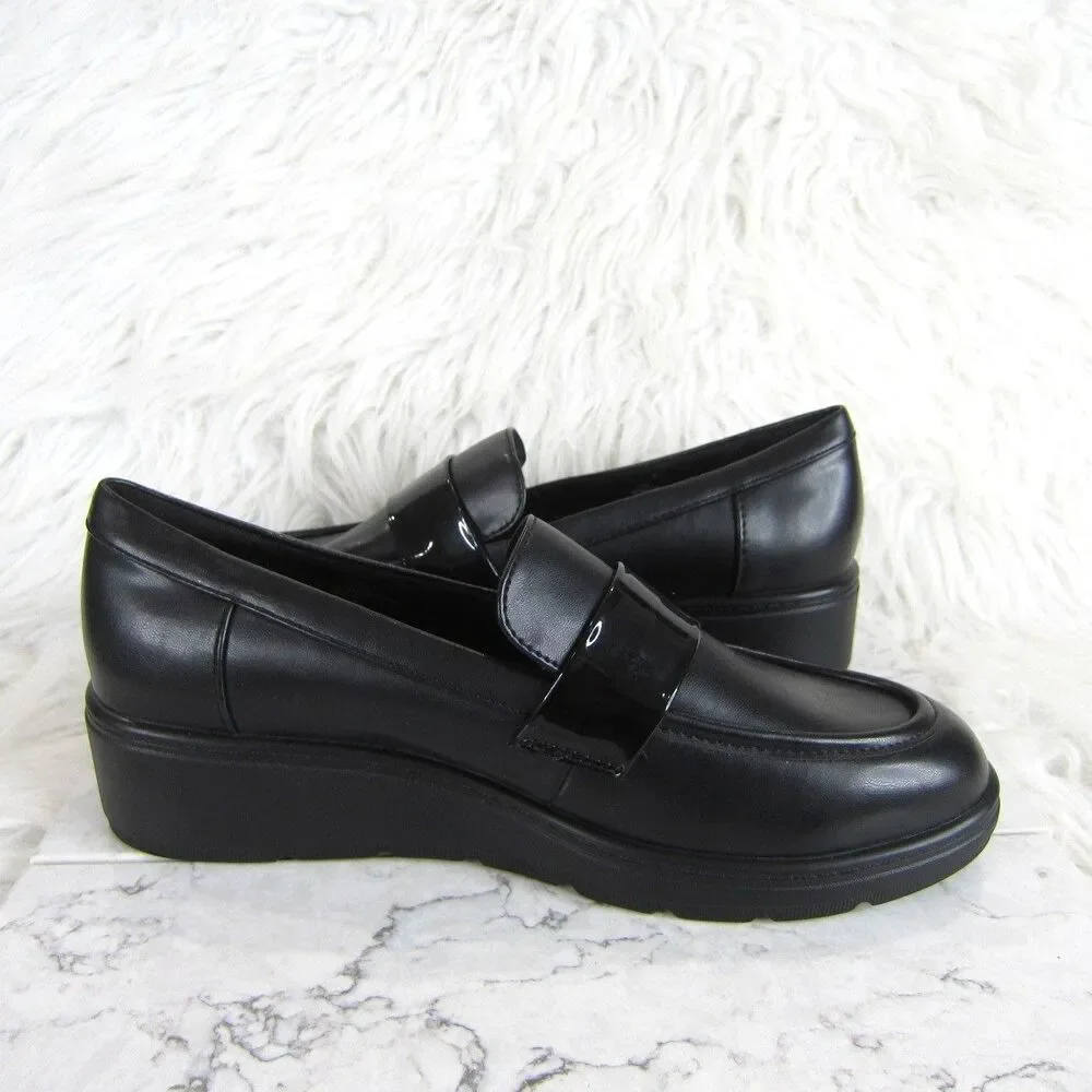 Easy Spirit Tahlia Slip On Wedge Loafers Black w/ Patent Leather Strap Size 7.5M
